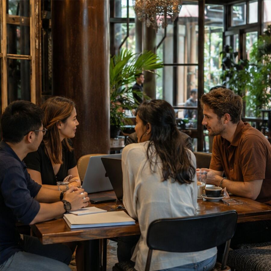 Small team collaborating at a large café table